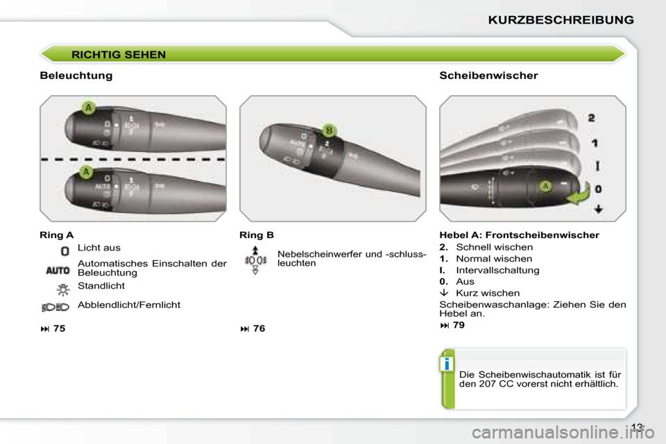 Peugeot 207 CC 2007.5  Betriebsanleitung (in German) i
13
KURZBESCHREIBUNG
 RICHTIG SEHEN  
  Beleuchtung    Scheibenwischer 
  Ring B  
   
�   76      
Nebelscheinwerfer  und  -schluss- 
leuchten  
  Ring A 
  Hebel A: Frontscheibenwischer  
  
2. 