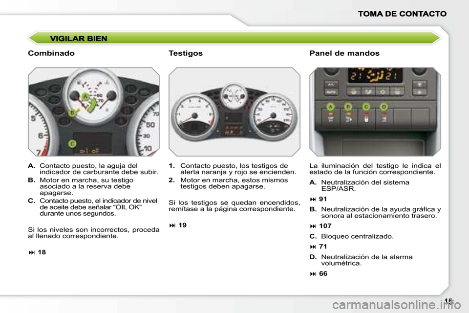 Peugeot 207 CC 2007.5  Manual del propietario (in Spanish)   Combinado   Panel de mandos 
  
A.    Contacto puesto, la aguja del 
indicador de carburante debe subir. 
  
B.    Motor en marcha, su testigo 
asociado a la reserva debe  
apagarse. 
  
C.    Conta
