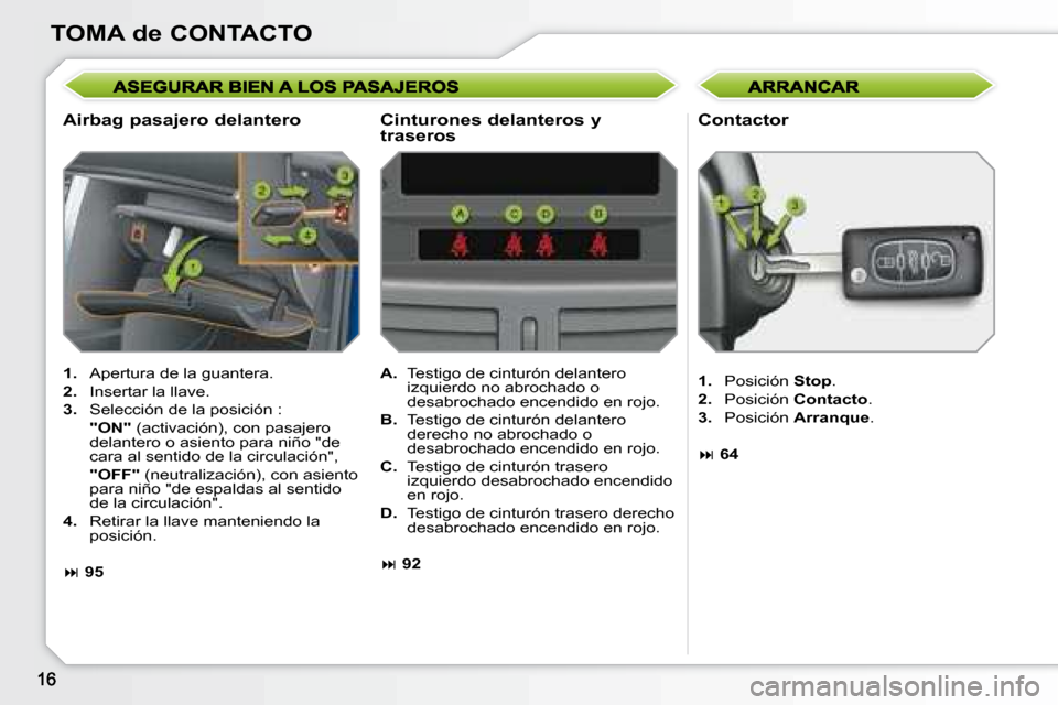 Peugeot 207 CC 2007.5  Manual del propietario (in Spanish) TOMA de CONTACTO
  Airbag pasajero delantero   Contactor 
   
1.    Apertura de la guantera. 
  
2.    Insertar la llave. 
  
3.    Selección de la posición :  
 
   "ON"   (activación), con pasaje