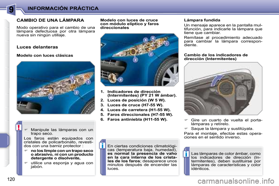 Peugeot 207 CC 2007.5  Manual del propietario (in Spanish) !
i
i
INFORMACIÓN PRÁCTICA
120
                       CAMBIO DE UNA LÁMPARA 
 Modo  operativo  para  el  cambio  de  una  
lámpara  defectuosa  por  otra  lámpara 
nueva sin ningún utillaje.    