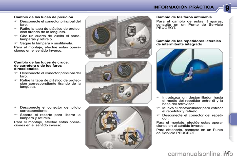 Peugeot 207 CC 2007.5  Manual del propietario (in Spanish) INFORMACIÓN PRÁCTICA
121
  Cambio de las luces de posición  
   
�    Desconecte el conector principal del 
faro. 
  
�    Retire la tapa de plástico de protec-
�c�i�ó�n� �t�i�r�a�n�d�o� �d