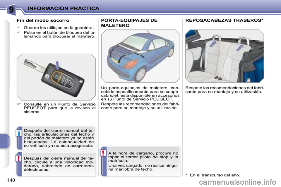 Peugeot 207 CC 2007.5  Manual del propietario (in Spanish) i
!
!
INFORMACIÓN PRÁCTICA
140
PORTA-EQUIPAJES DE 
MALETERO 
       REPOSACABEZAS TRASEROS *  
 Después  del  cierre  manual  del  te- 
cho,  las  articulaciones  del  techo  y 
�d�e�l� �p�o�r�t�ó