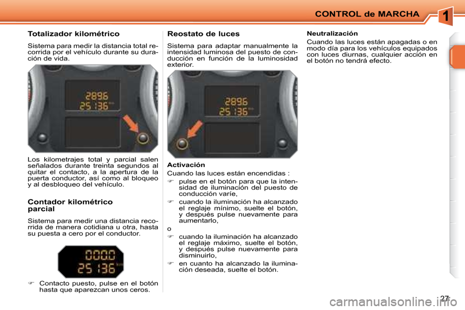 Peugeot 207 CC 2007.5  Manual del propietario (in Spanish) CONTROL de MARCHA
27
�	�	�	�	�	�	�	�	�	�	�T�o�t�a�l�i�z�a�d�o�r�	�k�i�l�o�m�é�t�r�i�c�o�	 
 Sistema para medir la distancia total re- 
corrida por el vehículo durante su dura-
ción de vida.        