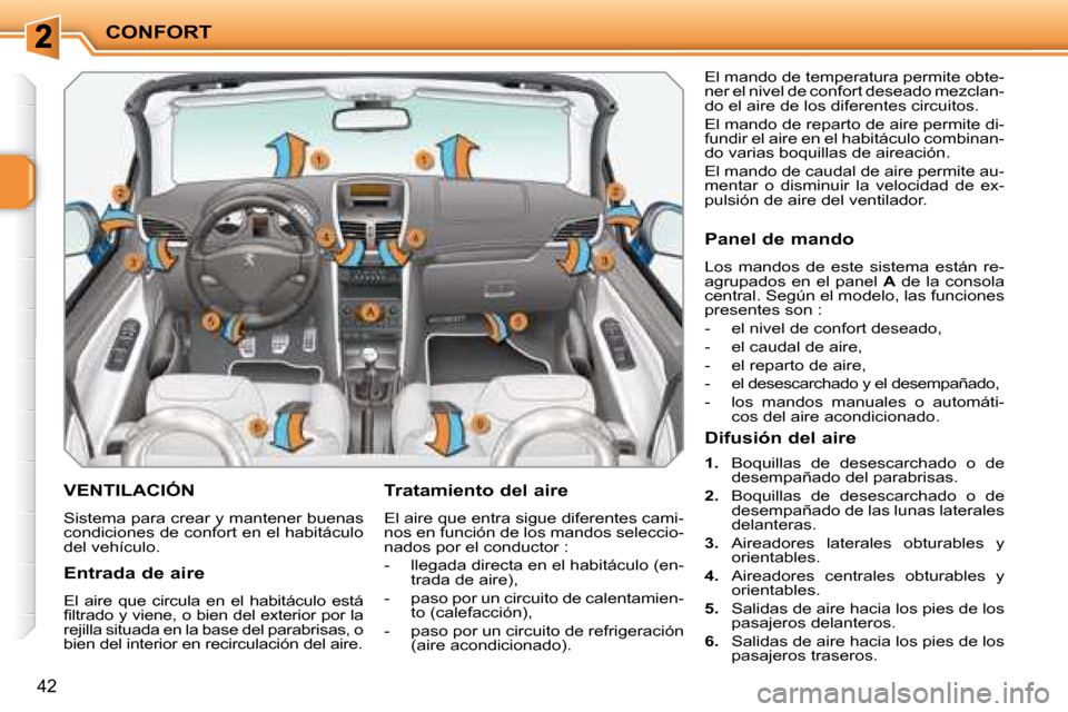 Peugeot 207 CC 2007.5  Manual del propietario (in Spanish) CONFORT
42
       VENTILACIÓN 
 Sistema para crear y mantener buenas  
condiciones de confort en el habitáculo 
del vehículo.   Tratamiento del aire  
 El aire que entra sigue diferentes cami- 
nos