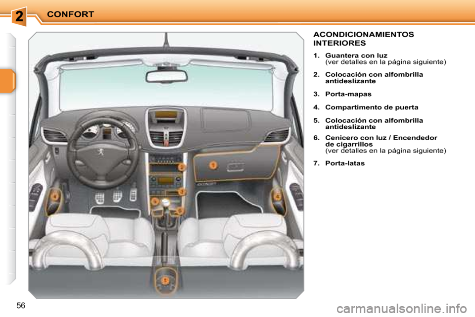 Peugeot 207 CC 2007.5  Manual del propietario (in Spanish) CONFORT
56
             ACONDICIONAMIENTOS 
INTERIORES 
   
1.     Guantera con luz    
(ver detalles en la página siguiente) 
  
2.     Colocación con alfombrilla  
antideslizante   
  
3.     Port