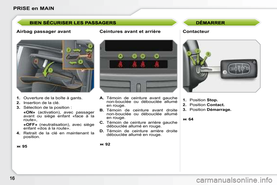 Peugeot 207 CC 2007.5  Manuel du propriétaire (in French) PRISE en MAIN
  Airbag passager avant   Contacteur 
   
1.    Ouverture de la boîte à gants. 
  
2.    Insertion de la clé. 
  
3.    Sélection de la position :  
    «ON»  �  �(�a�c�t�i�v�a�t�i