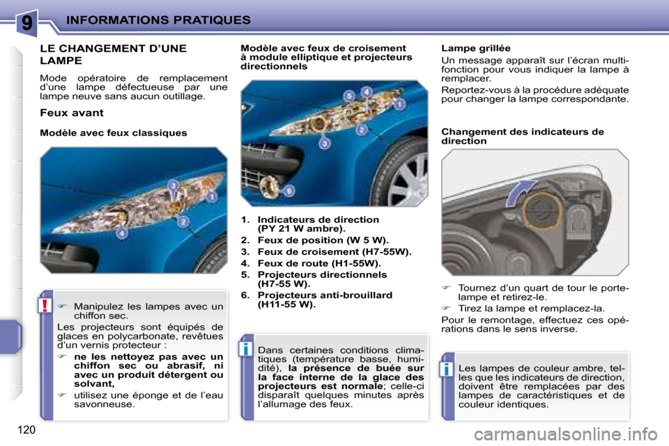 Peugeot 207 CC 2007.5  Manuel du propriétaire (in French) !
i
i
INFORMATIONS PRATIQUES
120
                       LE CHANGEMENT D’UNE 
LAMPE 
 Mode  opératoire  de  remplacement  
d’une  lampe  défectueuse  par  une 
lampe neuve sans aucun outillage.  