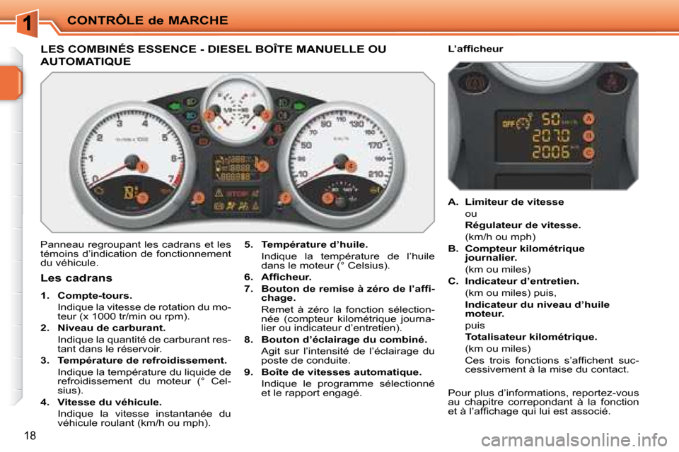 Peugeot 207 CC 2007.5  Manuel du propriétaire (in French) CONTRÔLE de MARCHE
18
                       LES COMBINÉS ESSENCE - DIESEL BOÎTE MANUELLE OU 
AUTOMATIQUE 
 Panneau regroupant les cadrans et les  
témoins d’indication de fonctionnement 
du vé