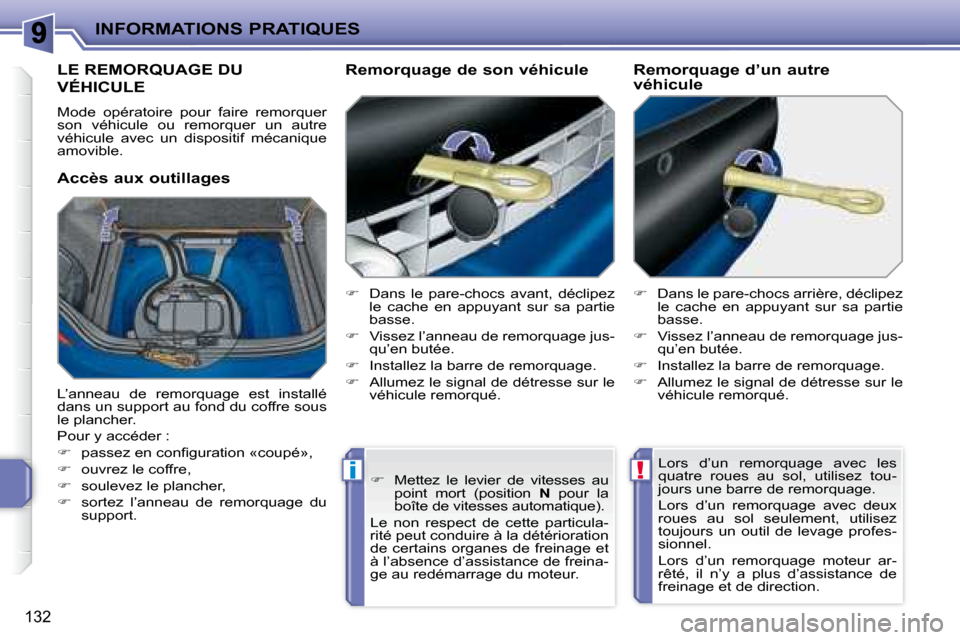 Peugeot 207 CC 2007.5  Manuel du propriétaire (in French) !i
INFORMATIONS PRATIQUES
132
     LE REMORQUAGE DU 
VÉHICULE 
 Mode  opératoire  pour  faire  remorquer  
son  véhicule  ou  remorquer  un  autre 
véhicule  avec  un  dispositif  mécanique 
amov