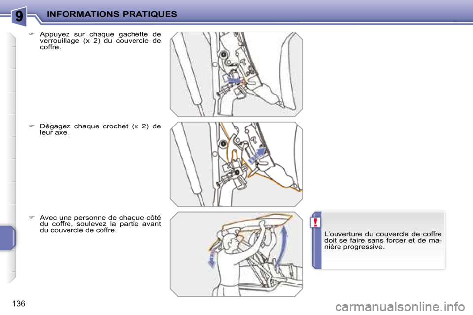 Peugeot 207 CC 2007.5  Manuel du propriétaire (in French) !
INFORMATIONS PRATIQUES
136
  
��    Appuyez  sur  chaque  gachette  de 
�v�e�r�r�o�u�i�l�l�a�g�e�  �(�x�  �2�)�  �d�u�  �c�o�u�v�e�r�c�l�e�  �d�e�  
coffre. 
  
��  �  �D�é�g�a�g�e�z�  �c�h�a