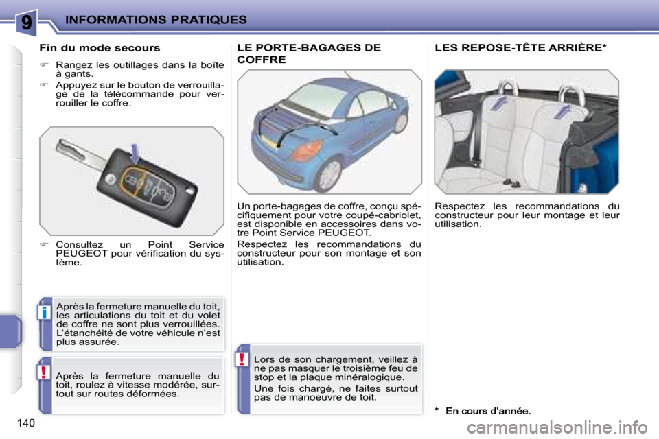 Peugeot 207 CC 2007.5  Manuel du propriétaire (in French) i
!
!
INFORMATIONS PRATIQUES
140
       LE PORTE-BAGAGES DE 
COFFRE 
       LES REPOSE-TÊTE ARRIÈRE *  
 Après la fermeture manuelle du toit,  
les  articulations  du  toit  et  du  volet 
de coffr