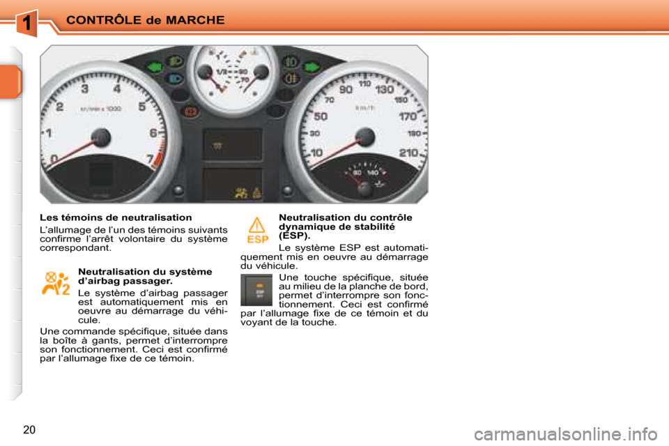 Peugeot 207 CC 2007.5  Manuel du propriétaire (in French) CONTRÔLE de MARCHE
20
  Les témoins de neutralisation  
 L’allumage de l’un des témoins suivants  
�c�o�n�i� �r�m�e�  �l�’�a�r�r�ê�t�  �v�o�l�o�n�t�a�i�r�e�  �d�u�  �s�y�s�t�è�m�e� 
corresp