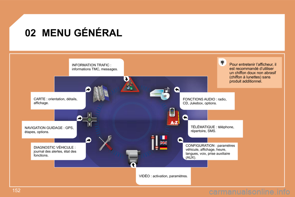 Peugeot 207 CC 2007.5  Manuel du propriétaire (in French) 152
02 MENU GÉNÉRALCARTE : orientation, détails,  
�a�f�i�c�h�a�g�e�. FONCTIONS AUDIO : radio, 
CD, Jukebox, options.�P�o�u�r� �e�n�t�r�e�t�e�n�i�r� �l�’�a�f�i�c�h�e�u�r�,� �i�l�  
est recommand�