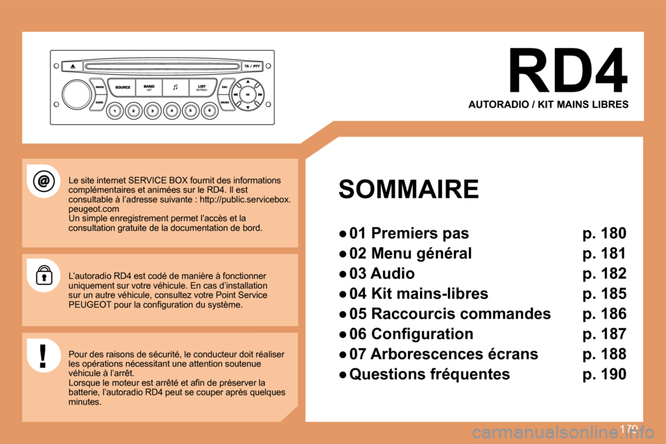 Peugeot 207 CC 2007.5  Manuel du propriétaire (in French) 179
RD4
AUTORADIO / KIT MAINS LIBRES
SOMMAIRE 