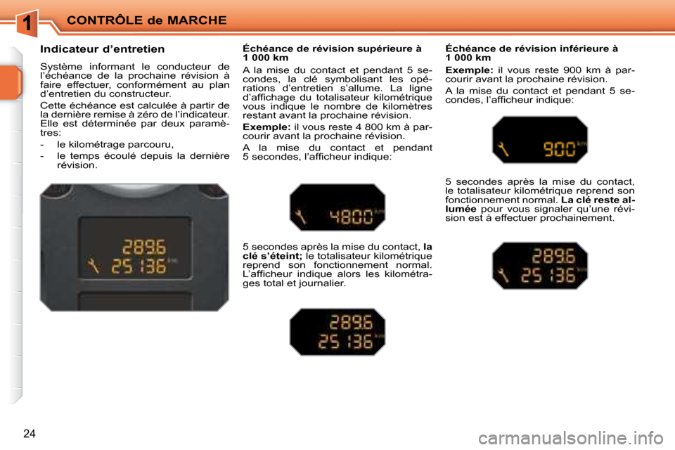 Peugeot 207 CC 2007.5  Manuel du propriétaire (in French) CONTRÔLE de MARCHE
24
          Indicateur d’entretien  
 Système  informant  le  conducteur  de  
l’échéance  de  la  prochaine  révision  à 
faire  effectuer,  conformément  au  plan 
d�