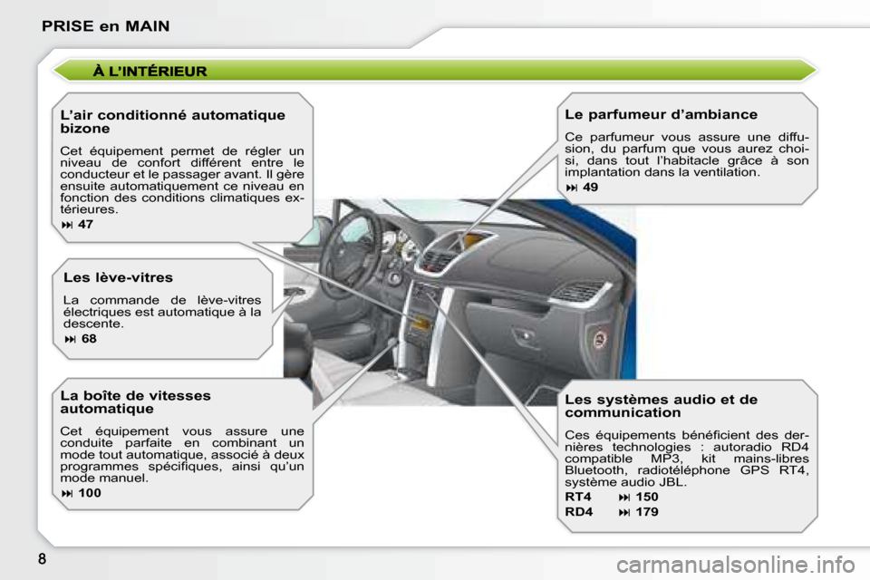 Peugeot 207 CC 2007.5  Manuel du propriétaire (in French) PRISE en MAIN
  L’air conditionné automatique  
bizone  
 Cet  équipement  permet  de  régler  un  
niveau  de  confort  différent  entre  le 
conducteur et le passager avant. Il gère 
ensuite 