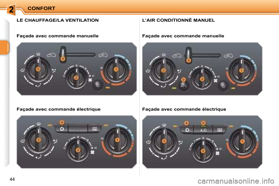 Peugeot 207 CC 2007.5  Manuel du propriétaire (in French) CONFORT
44
                     LE CHAUFFAGE/LA VENTILATION 
  Façade avec commande manuelle   
  Façade avec commande électrique  
 L’AIR CONDITIONNÉ MANUEL 
  Façade avec commande manuelle   