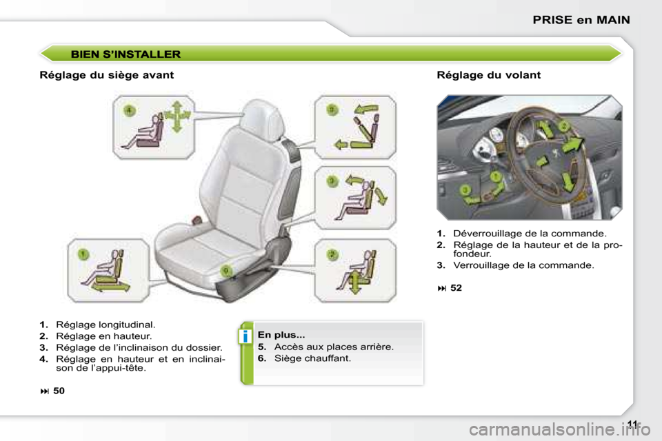 Peugeot 207 CC 2007.5  Manuel du propriétaire (in French) i
PRISE en MAIN
  En plus...  
  
5.    Accès aux places arrière. 
  
6.    Siège chauffant.   
  Réglage du siège avant 
  Réglage du volant 
   
1.    Réglage longitudinal. 
  
2.    Réglage