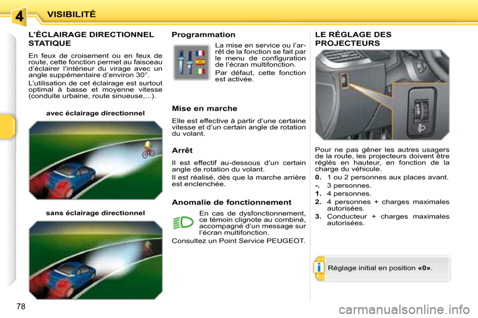 Peugeot 207 CC 2007.5  Manuel du propriétaire (in French) i
VISIBILITÉ
78
       L’ÉCLAIRAGE DIRECTIONNEL 
STATIQUE 
 En  feux  de  croisement  ou  en  feux  de  
route, cette fonction permet au faisceau 
d’éclairer  l’intérieur  du  virage  avec  