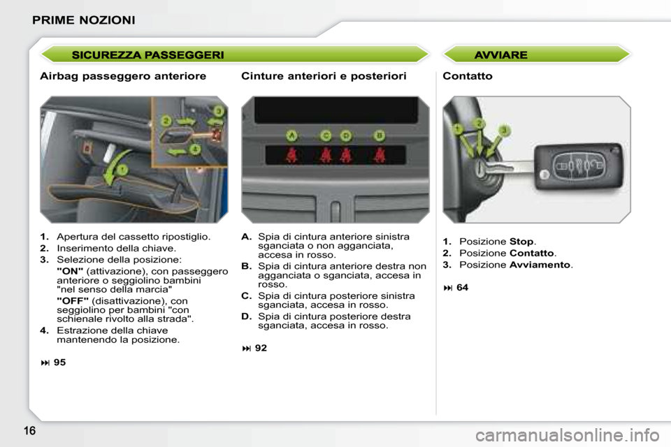 Peugeot 207 CC 2007.5 Manuale del proprietario (in Italian) PRIME NOZIONI
Airbag passeggero anteriore Contatto
1. Apertura del cassetto ripostiglio.
2. Inserimento della chiave.
3. Selezione della posizione:
"ON" (attivazione) Peugeot 207 CC 2007.5 Manuale del proprietario (in Italian) PRIME NOZIONI
Airbag passeggero anteriore Contatto
1. Apertura del cassetto ripostiglio.
2. Inserimento della chiave.
3. Selezione della posizione:
"ON" (attivazione)