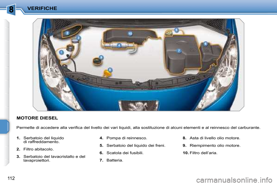 Peugeot 207 CC 2007.5  Manuale del proprietario (in Italian) VERIFICHE
112
 MOTORE DIESEL 
� �P�e�r�m�e�t�t�e� �d�i� �a�c�c�e�d�e�r�e� �a�l�l�a� �v�e�r�i�i� �c�a� �d�e�l� �l�i�v�e�l�l�o� �d�e�i� �v�a�r�i� �l�i�q�u�i�d�i�,� �a�l�l�a� �s�o�s�t�i�t�u�z�i�o�n�e� �d