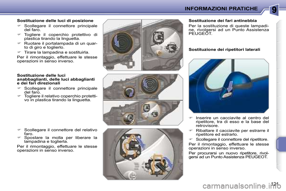 Peugeot 207 CC 2007.5  Manuale del proprietario (in Italian) INFORMAZIONI PRATICHE
121
  Sostituzione delle luci di posizione  
   
�    Scollegare  il  connettore  principale 
del faro. 
  
�    Togliere  il  coperchio  protettivo  di 
plastica tirando l