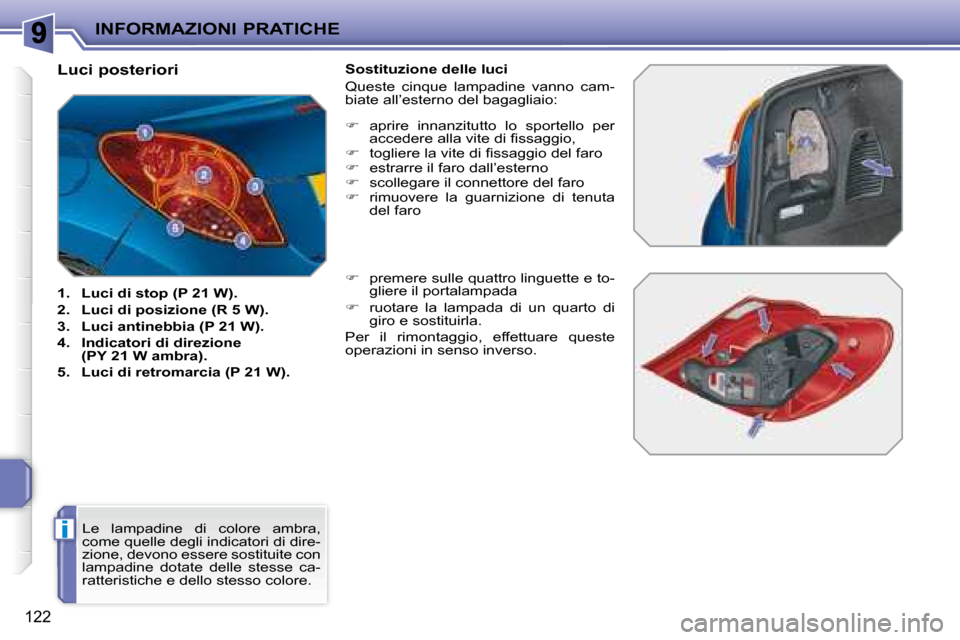 Peugeot 207 CC 2007.5  Manuale del proprietario (in Italian) i
INFORMAZIONI PRATICHE
122
                        Luci posteriori  
   
1.     Luci di stop (P 21 W).   
  
2.     Luci di posizione (R 5 W).   
  
3.     Luci antinebbia (P 21 W).   
  
4.     Indi