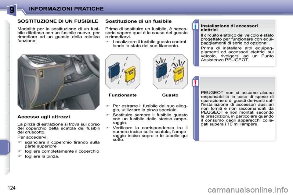 Peugeot 207 CC 2007.5  Manuale del proprietario (in Italian) !
i
INFORMAZIONI PRATICHE
124
 PEUGEOT  non  si  assume  alcuna  
responsabilità  in  caso  di  spese  di 
riparazione o di guasti derivanti dal-
linstallazione  di  accessori  ausiliari 
non  forni