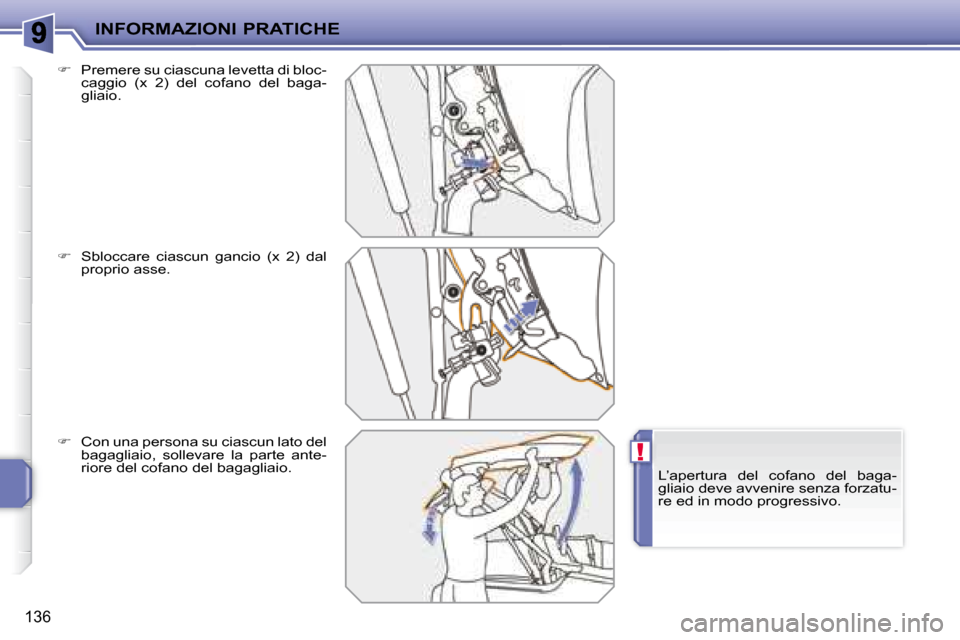 Peugeot 207 CC 2007.5  Manuale del proprietario (in Italian) !
INFORMAZIONI PRATICHE
136
  
�    Premere su ciascuna levetta di bloc-
�c�a�g�g�i�o�  �(�x�  �2�)�  �d�e�l�  �c�o�f�a�n�o�  �d�e�l�  �b�a�g�a�- 
gliaio. 
  
� � �  �S�b�l�o�c�c�a�r�e�  �c�i�a�