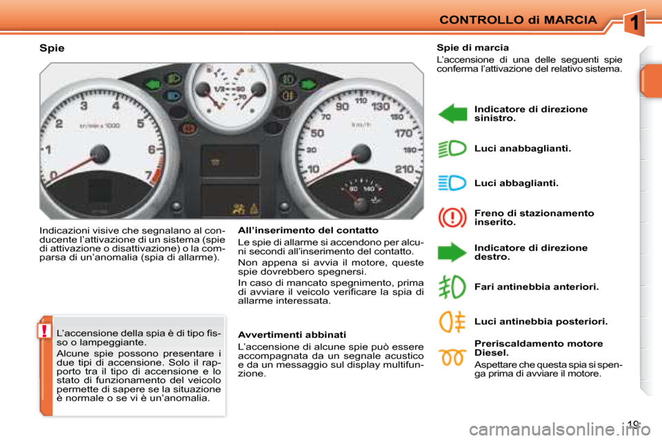 Peugeot 207 CC 2007.5  Manuale del proprietario (in Italian) !
CONTROLLO di MARCIA
19
� �L�’�a�c�c�e�n�s�i�o�n�e� �d�e�l�l�a� �s�p�i�a� �è� �d�i� �t�i�p�o� �i� �s�- 
so o lampeggiante.  
 Alcune  spie  possono  presentare  i  
due  tipi  di  accensione.  Sol
