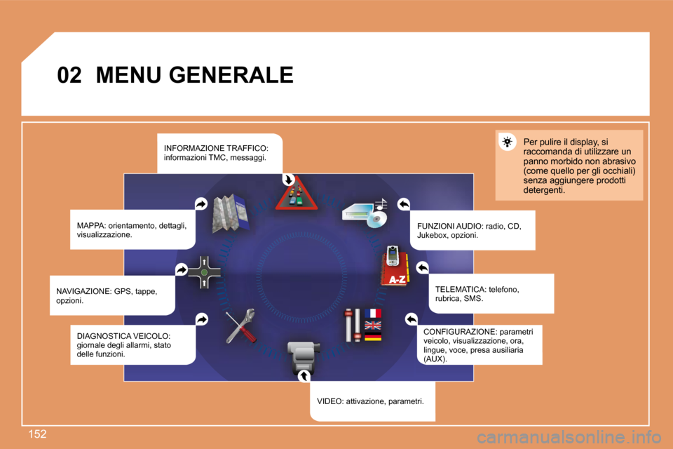 Peugeot 207 CC 2007.5  Manuale del proprietario (in Italian) 152
02 MENU GENERALEMAPPA: orientamento, dettagli,  
visualizzazione. FUNZIONI AUDIO: radio, CD, 
Jukebox, opzioni.Per pulire il display, si  
raccomanda di utilizzare un 
panno morbido non abrasivo 
