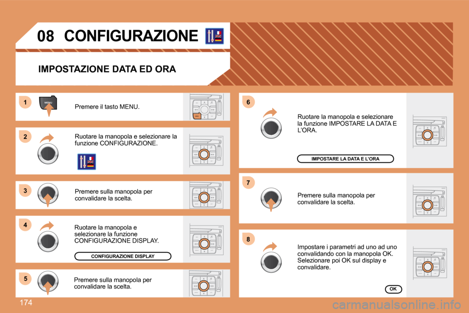 Peugeot 207 CC 2007.5  Manuale del proprietario (in Italian) 174
ESCLIST
MENU
ESC
MENU LIST
ESC
MENU LIST
ESC
MENU LIST
ESC
MENU LIST
MENU
ESC
MENU LIST
ESC
MENU LIST
1 
2 
3 
4
5 �6 
7 
8
ESC
MENU LIST
08CONFIGURAZIONE
IMPOSTAZIONE DATA ED ORA
Premere il tasto