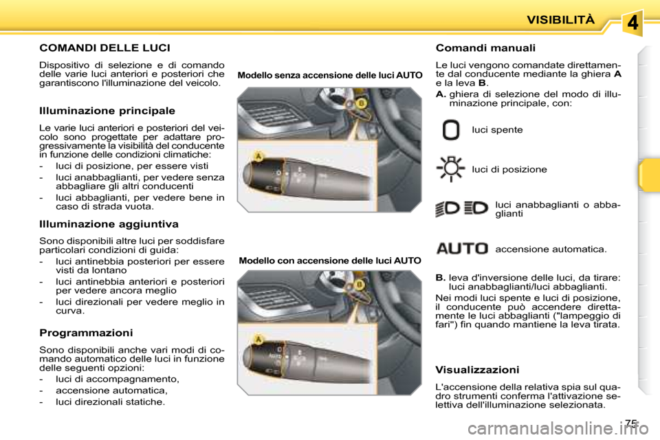 Peugeot 207 CC 2007.5 Manuale del proprietario (in Italian) VISIBILITÀ
75
COMANDI DELLE LUCI
Dispositivo di selezione e di comando
delle varie luci anteriori e posteriori che
garantiscono lilluminazione del veicolo. Peugeot 207 CC 2007.5 Manuale del proprietario (in Italian) VISIBILITÀ
75
COMANDI DELLE LUCI
Dispositivo di selezione e di comando
delle varie luci anteriori e posteriori che
garantiscono lilluminazione del veicolo.