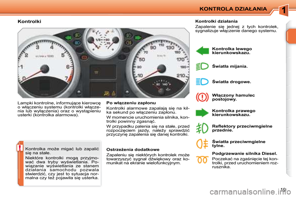 Peugeot 207 CC 2007.5  Instrukcja Obsługi (in Polish) !
�K�O�N�T�R�O�L�A� �D�Z�I�A�Ł�A�N�I�A
19
� �K�o�n�t�r�o�l�k�a�  �m�oG�e�  �m�i�g�a�ć�  �l�u�b�  �z�a�p�a�l�i�ć�  
�s�i
� �n�a� �s�t�a�ł�e�.�  
� �N�i�e�k�t�ó�r�e�  �k�o�n�t�r�o�l�k�i�  �m�o�g