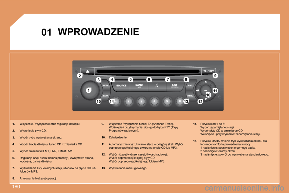 Peugeot 207 CC 2007.5  Instrukcja Obsługi (in Polish) �1�8�0
1
2
1011
12
13
14
15
3 4 5 6 7 8 9
12
01
WPROWADZENIE
1. �  �W�ł"�c�z�e�n�i�e� �/� �W�y�ł"�c�z�e�n�i�e� �o�r�a�z� �r�e�g�u�l�a�c�j�a� �dE�w�i
�k�u�.
2. �  �W�y�s�u�n�i
�c�i�e� �p�ł�y�t�