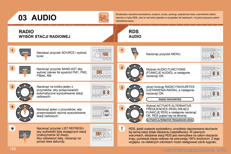 Peugeot 207 CC 2007.5  Instrukcja Obsługi (in Polish) �1�8�2
1 
2 
3 
4
2 
4
3
1
03
AUDIO
RADIO 
�W�Y�B�Ó�R� �S�T�A�C�J�I� �R�A�D�I�O�W�E�J
�N�a�c�i�s�k�a�ć� �p�r�z�y�c�i�s�k� �S�O�U�R�C�E� �i� �w�y�b�r�a�ć�  
tuner. 
�N�a�c�i�s�n"�ć� �p�r�z�y�c�i�s