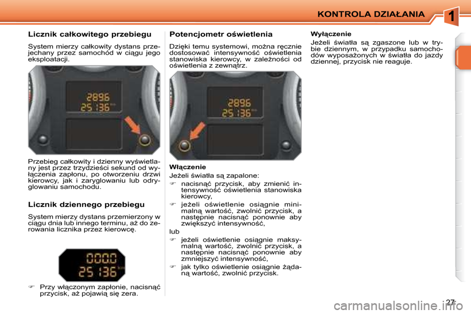 Peugeot 207 CC 2007.5  Instrukcja Obsługi (in Polish) �K�O�N�T�R�O�L�A� �D�Z�I�A�Ł�A�N�I�A
27
� � � � � � � � � � �L�i�c�z�n�i�k� �c�a�ł�k�o�w�i�t�e�g�o� �p�r�z�e�b�i�e�g�u� 
� �S�y�s�t�e�m�  �m�i�e�r�z�y�  �c�a�ł�k�o�w�i�t�y�  �d�y�s�t�a�n�s�  �p�r�z