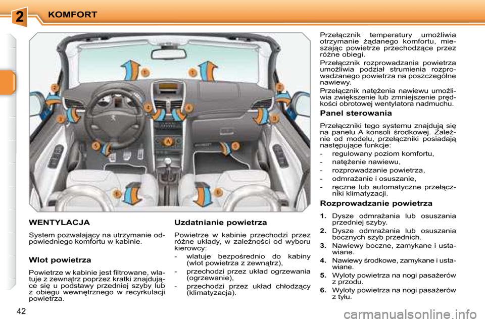 Peugeot 207 CC 2007.5  Instrukcja Obsługi (in Polish) KOMFORT
42
       WENTYLACJA 
� �S�y�s�t�e�m� �p�o�z�w�a�l�a�j"�c�y� �n�a� �u�t�r�z�y�m�a�n�i�e� �o�d�- 
�p�o�w�i�e�d�n�i�e�g�o� �k�o�m�f�o�r�t�u� �w� �k�a�b�i�n�i�e�.� 
  Uzdatnianie powietrza 
� �P