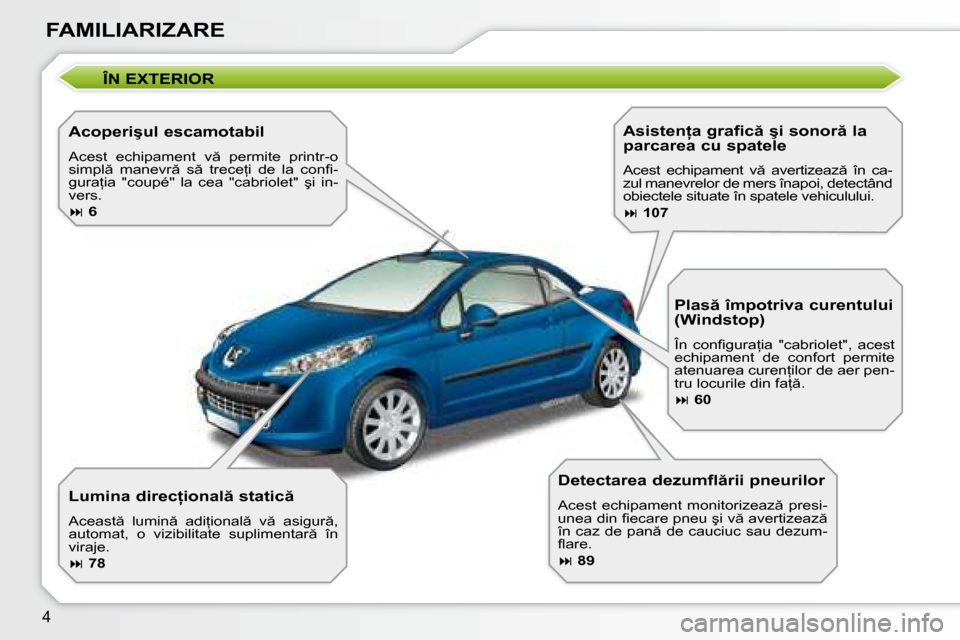 Peugeot 207 CC 2007.5  Manualul de utilizare (in Romanian) �4
� �F�A�M�I�L�I�A�R�I�Z�A�R�E� 
           ÎN EXTERIOR 
� � �A�c�o�p�e�r�i�ş�u�l� �e�s�c�a�m�o�t�a�b�i�l� 
� �A�c�e�s�t�  �e�c�h�i�p�a�m�e�n�t�  �v �  �p�e�r�m�i�t�e�  �p�r�i�n�t�r�-�o�  
�s�i�m�