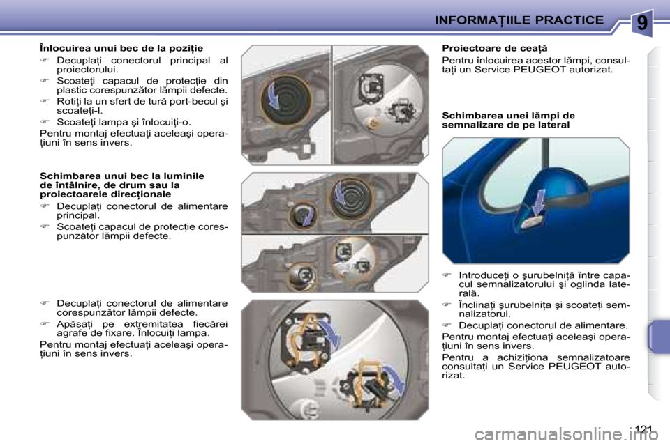Peugeot 207 CC 2007.5  Manualul de utilizare (in Romanian) 9�I�N�F�O�R�M�A�I�I�L�E� �P�R�A�C�T�I�C�E
121
� � �Î�n�l�o�c�u�i�r�e�a� �u�n�u�i� �b�e�c� �d�e� �l�a� �p�o�z�i �i�e�  
   
� � �  �D�e�c�u�p�l�a=�i�  �c�o�n�e�c�t�o�r�u�l�  �p�r�i�n�c�i�p�a�l�