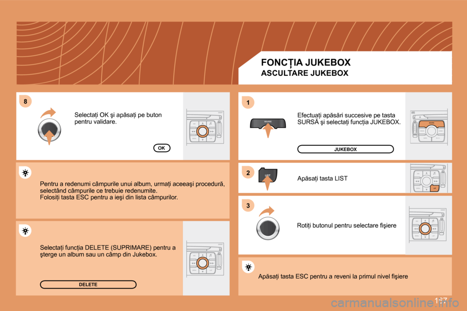 Peugeot 207 CC 2007.5  Manualul de utilizare (in Romanian) 167
�8
SOURCE
�2
ESC
MENU LIST
LIST
ESC
MENU LIST
S
O S SOURCE
MODE BAND TPT
A  Y
DARKSOURCE
ESC
MENU LIST
LIST
ESC
MENU LIST
�1
�3
DELETE
�O�K
�E�f�e�c�t�u�a=�i� �a�p �s �r�i� �s�u�c�c�e�s�i�v�e� 