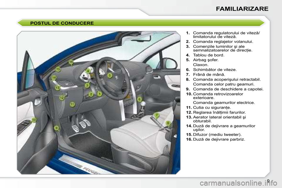 Peugeot 207 CC 2007.5  Manualul de utilizare (in Romanian) �9
 �F�A�M�I�L�I�A�R�I�Z�A�R�E 
 POSTUL DE CONDUCERE 
   
1. � �  �C�o�m�a�n�d�a� �r�e�g�u�l�a�t�o�r�u�l�u�i� �d�e� �v�i�t�e�z �/
�l�i�m�i�t�a�t�o�r�u�l�u�i� �d�e� �v�i�t�e�z �.� 
  
2. � �  �C�o�m�