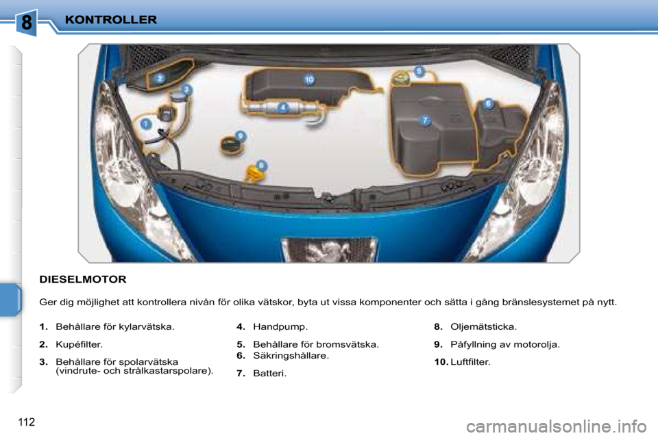 Peugeot 207 CC 2007.5 Ägarmanual (in Swedish) 112
DIESELMOTOR
Ger dig möjlighet att kontrollera nivån för olika vätskor, byta ut vissa komponenter och sätta i gång bränslesystemet på nytt.
1. Behållare för kylarvätska.
2 Peugeot 207 CC 2007.5 Ägarmanual (in Swedish) 112
DIESELMOTOR
Ger dig möjlighet att kontrollera nivån för olika vätskor, byta ut vissa komponenter och sätta i gång bränslesystemet på nytt.
1. Behållare för kylarvätska.
2