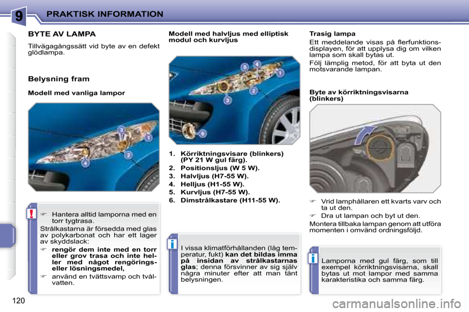 Peugeot 207 CC 2007.5  Ägarmanual (in Swedish) !
i
i
PRAKTISK INFORMATION
120
                       BYTE AV LAMPA 
 Tillvägagångssätt vid byte av en defekt  
glödlampa.    
1.     Körriktningsvisare (blinkers) 
(PY 21 W gul färg).   
  
2. 