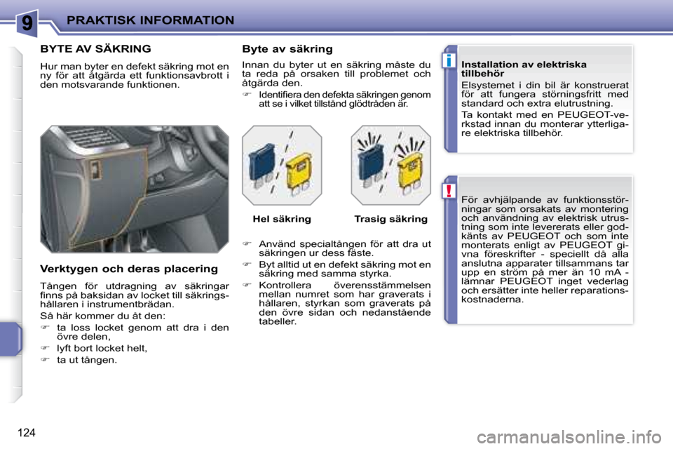 Peugeot 207 CC 2007.5  Ägarmanual (in Swedish) !
i
PRAKTISK INFORMATION
124
 För  avhjälpande  av  funktionsstör- 
ningar  som  orsakats  av  montering 
och  användning  av  elektrisk  utrus-
tning som inte levererats eller god-
känts  av  PE