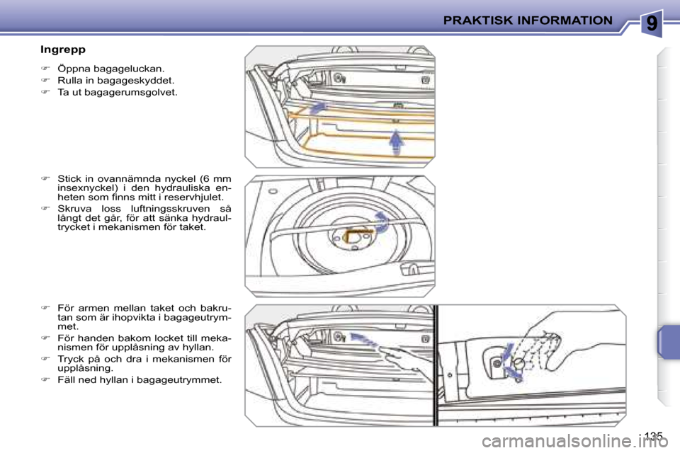 Peugeot 207 CC 2007.5  Ägarmanual (in Swedish) PRAKTISK INFORMATION
135
   
�    Öppna bagageluckan. 
  
�    Rulla in bagageskyddet. 
  
�    Ta ut bagagerumsgolvet. 
  
�    Stick  in  ovannämnda  nyckel  (6  mm 
insexnyckel)  i  d