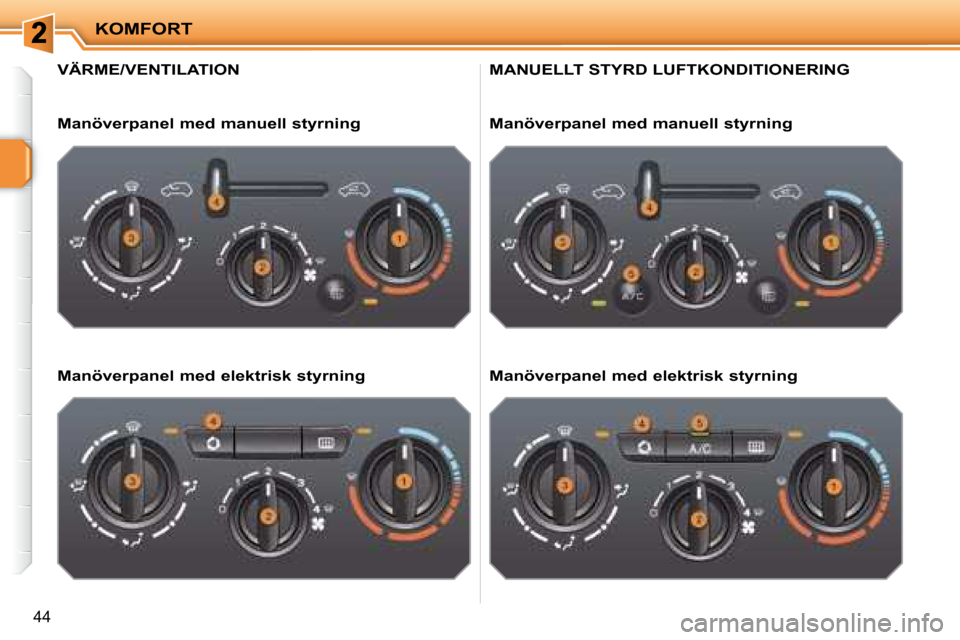 Peugeot 207 CC 2007.5  Ägarmanual (in Swedish) KOMFORT
44
                     VÄRME/VENTILATION 
    Manöverpanel med manuell styrning   
    Manöverpanel med elektrisk styrning  
   MANUELLT STYRD LUFTKONDITIONERING 
    Manöverpanel med man