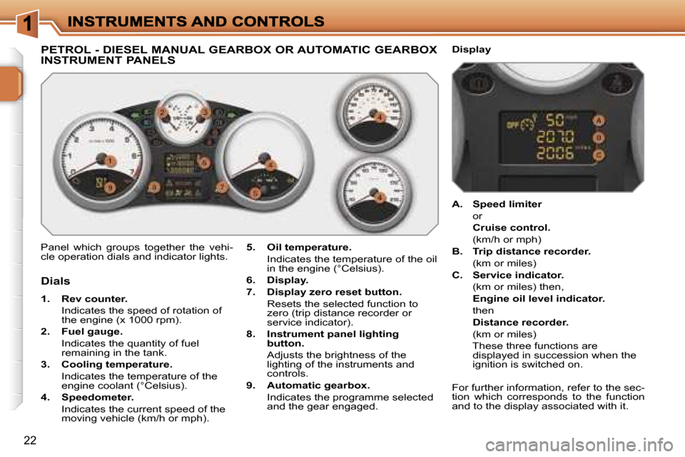 Peugeot 207 CC 2007 User Guide �2�2
�P�E�T�R�O�L� �-� �D�I�E�S�E�L� �M�A�N�U�A�L� �G�E�A�R�B�O�X� �O�R� �A�U�T�O�M�A�T�I�C� �G�E�A�R�B�O�X�  
�I�N�S�T�R�U�M�E�N�T� �P�A�N�E�L�S
�P�a�n�e�l�  �w�h�i�c�h�  �g�r�o�u�p�s�  �t�o�g�e�t�h�