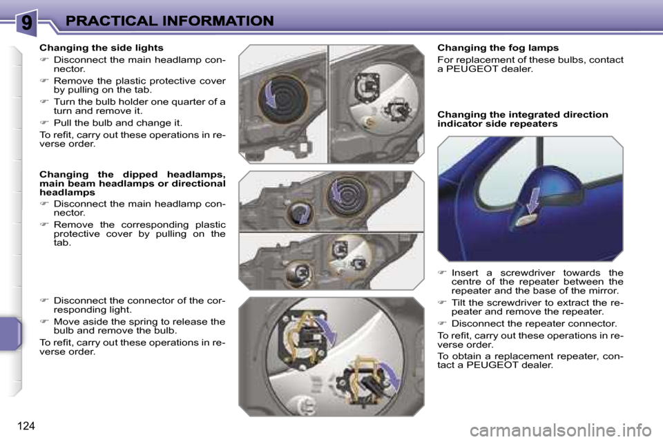 Peugeot 207 CC 2007  Owners Manual �1�2�4
�C�h�a�n�g�i�n�g� �t�h�e� �s�i�d�e� �l�i�g�h�t�s
��  �D�i�s�c�o�n�n�e�c�t� �t�h�e� �m�a�i�n� �h�e�a�d�l�a�m�p� �c�o�n�-�n�e�c�t�o�r�.
��  �R�e�m�o�v�e�  �t�h�e�  �p�l�a�s�t�i�c�  �p�r�o�t