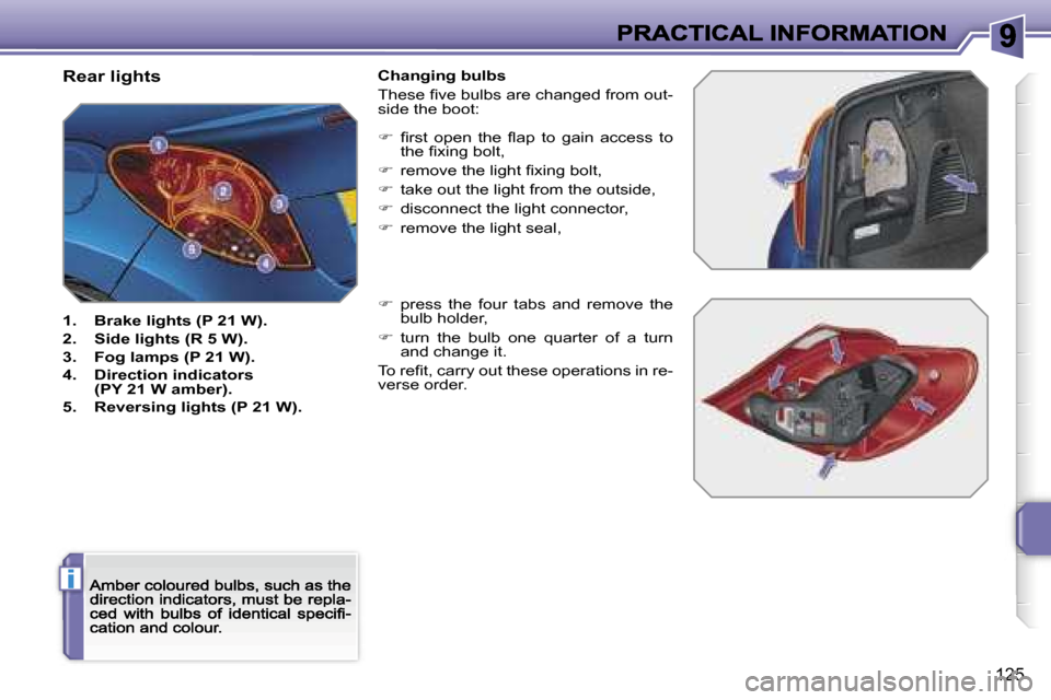 Peugeot 207 CC 2007  Owners Manual �i
�1�2�5
�R�e�a�r� �l�i�g�h�t�s
�1�.�  �B�r�a�k�e� �l�i�g�h�t�s� �(�P� �2�1� �W�)�.
�2�.�  �S�i�d�e� �l�i�g�h�t�s� �(�R� �5� �W�)�.
�3�.�  �F�o�g� �l�a�m�p�s� �(�P� �2�1� �W�)�.
�4�.�  �D�i�r�e�c�t�i